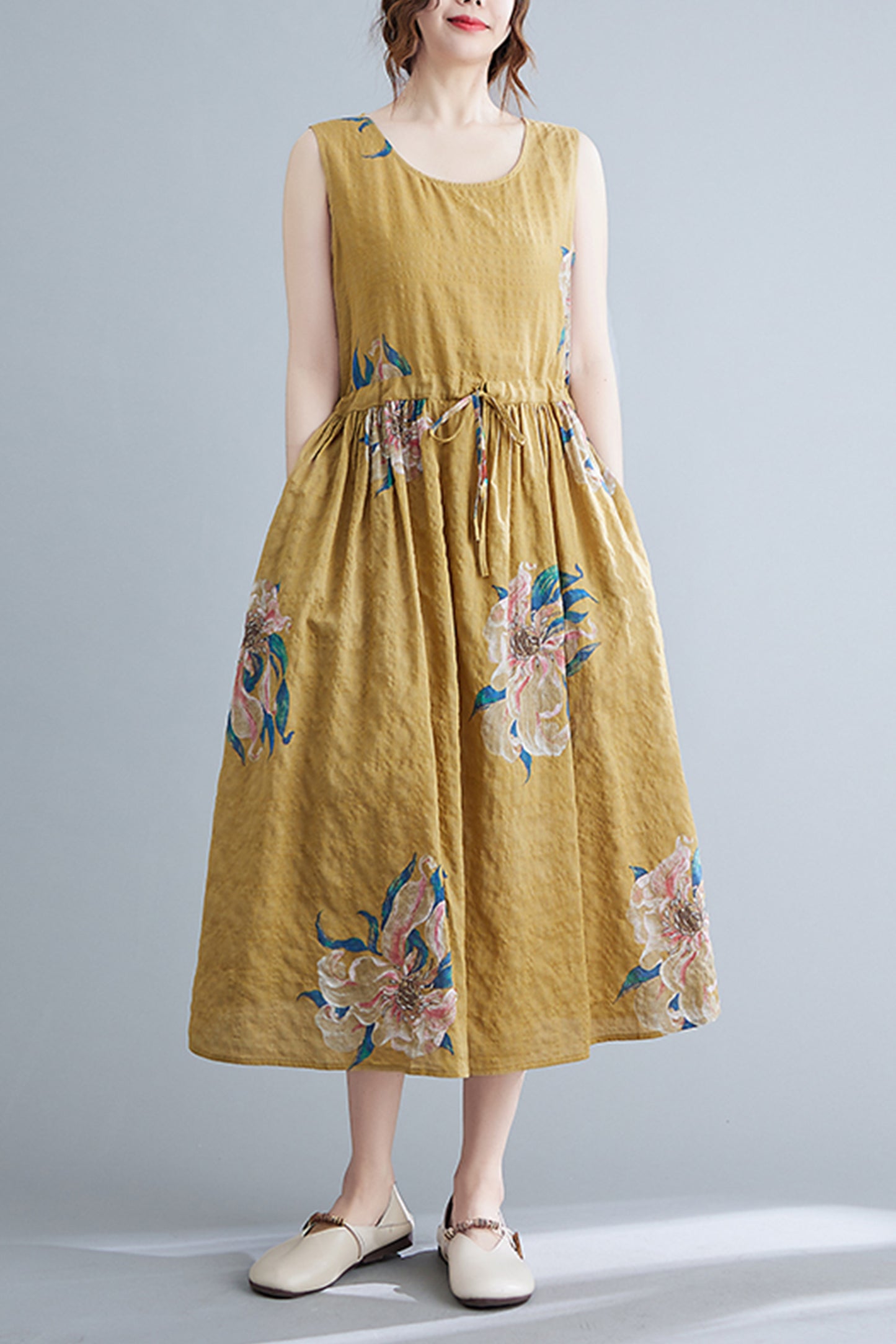 Yellow Floral Print Loose Strappy Dress with Pocket
