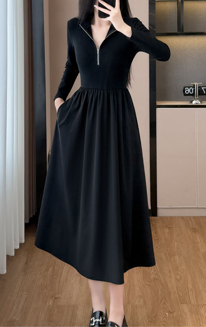 28665-Black Zip-Front Midi Dress – Stretch Knit Layered Look