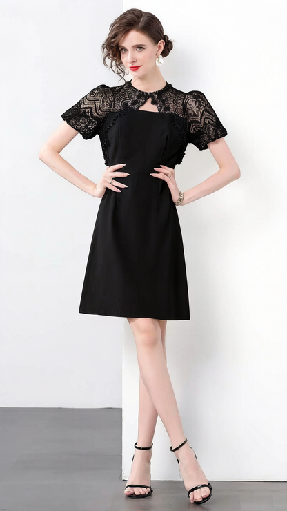Black Lace Beaded Mini Dress – Elegant Puff Sleeve Cocktail Dress