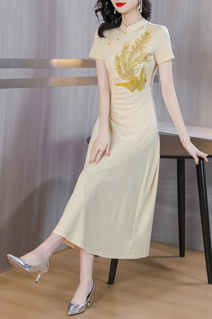 Women's Apricot Embroidered Floral Midi Dress
