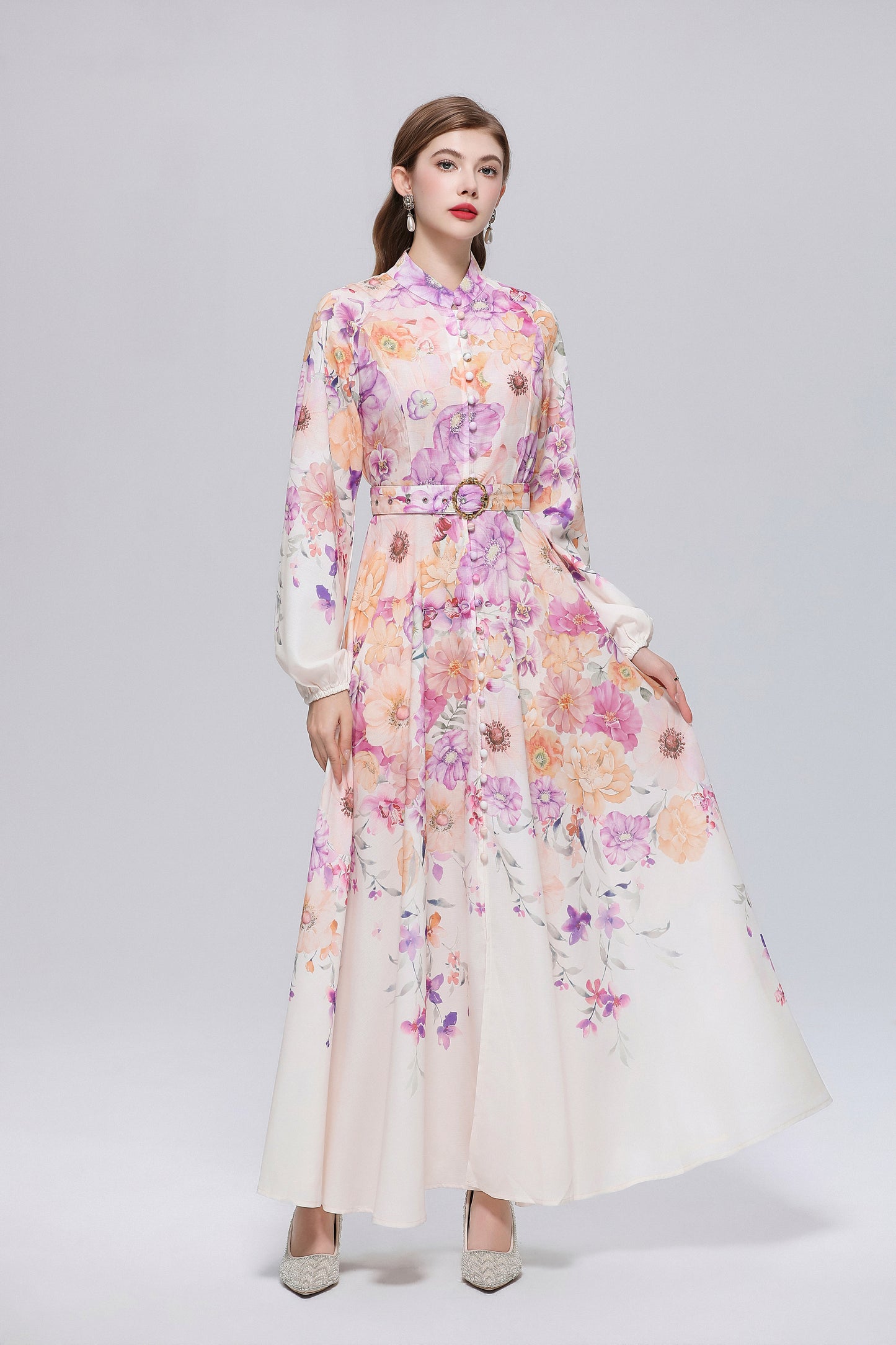 26-Women Floral Print Button Flowy Maxi Belt Dress