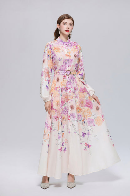 26-Women Floral Print Button Flowy Maxi Belt Dress
