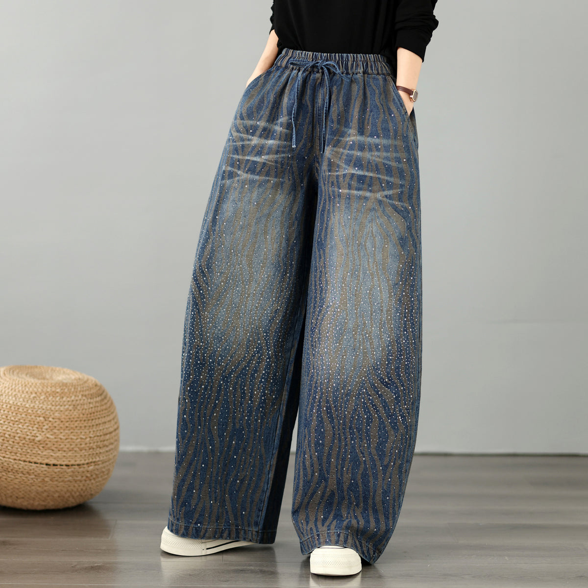 28678-Vintage Wavy Stripe Denim Wide-Leg Pants with Drawstring Waist