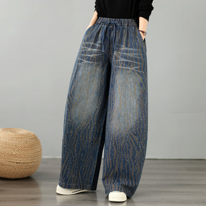 28678-Vintage Wavy Stripe Denim Wide-Leg Pants with Drawstring Waist