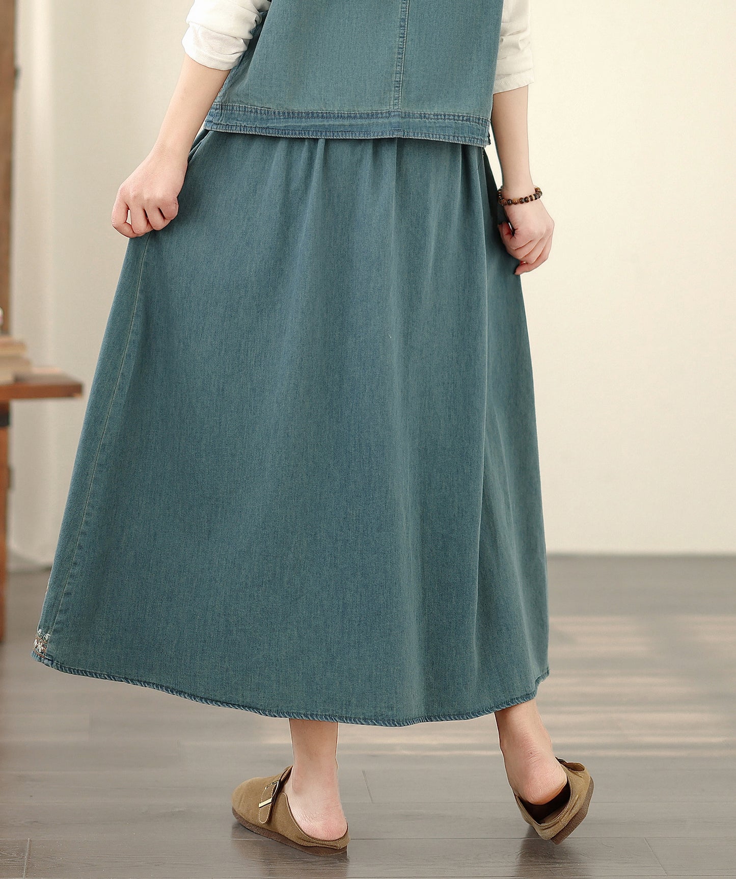 Women's Embroidered Elastic Waist Denim Jean Maxi Skirt Pocket - LAI MENG FIVE CATS