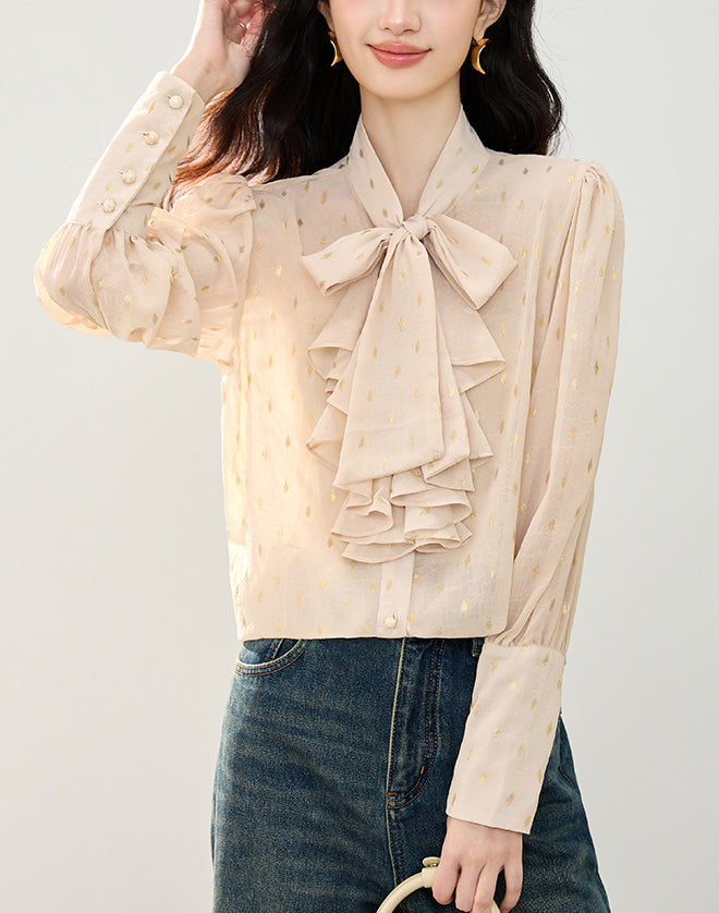 Bow Tie Ruffle Blouse with Metallic Print