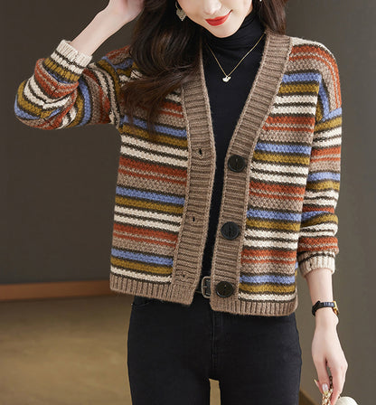 Women's Striped Cable Knit Sweater Cardigan Outerwear