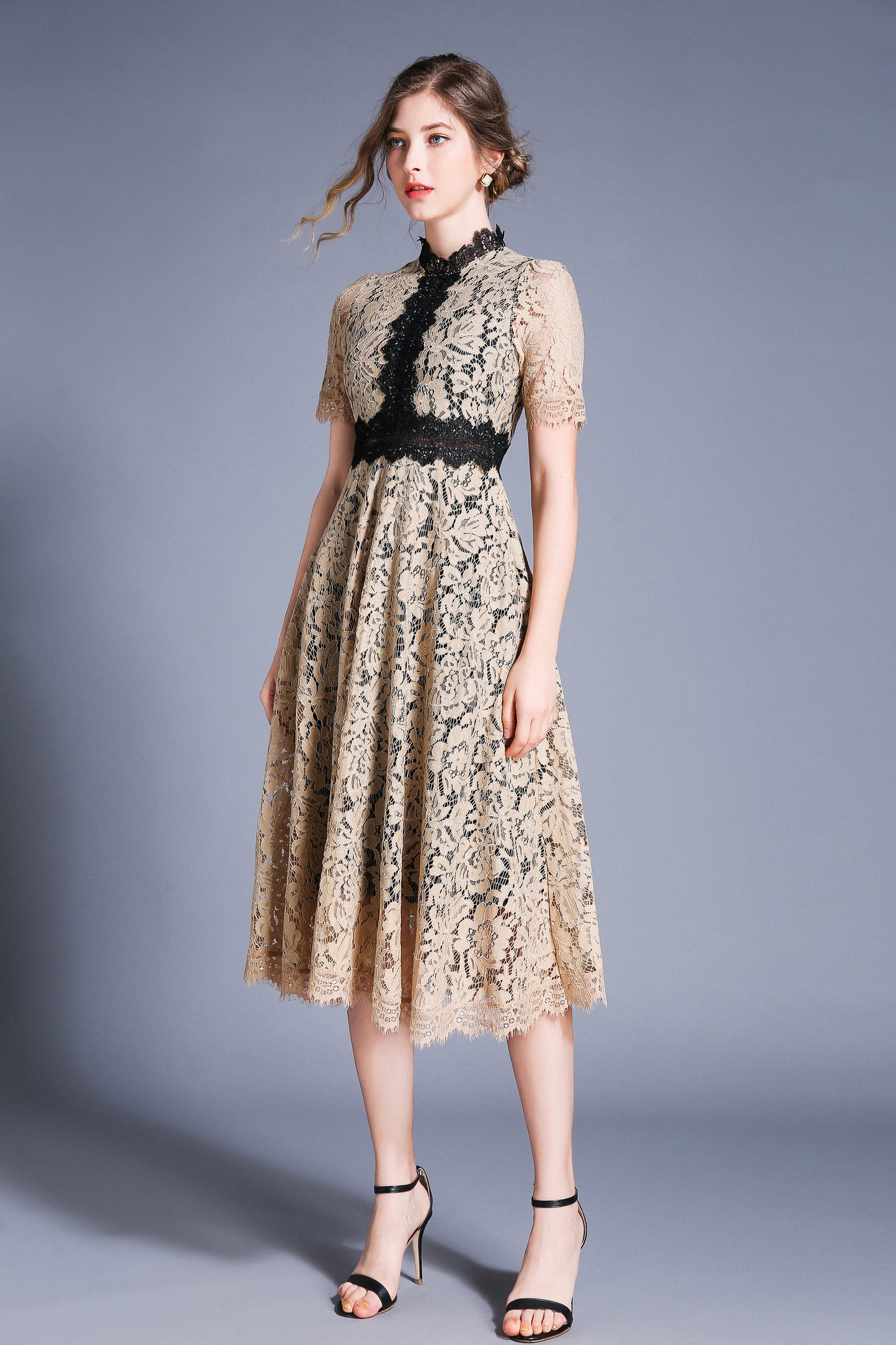 SSY-Women's Short Sleeve Lace Cocktail Midi Dress