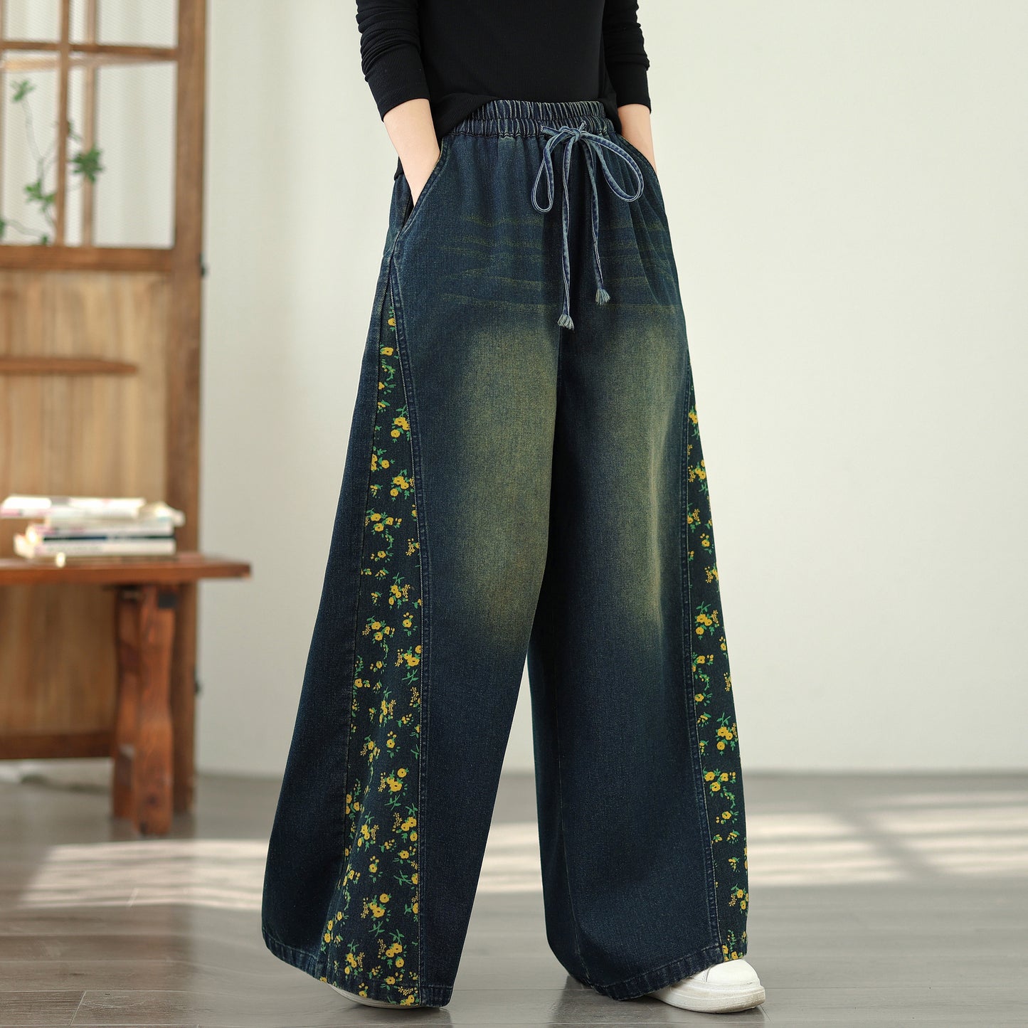 Women's Denim Wide Leg Baggy Jeans Drawstring Waist Pants - LAI MENG FIVE CATS