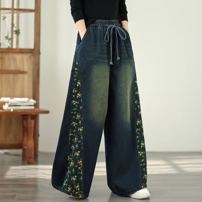 Women's Denim Wide Leg Baggy Jeans Drawstring Waist Pants - LAI MENG FIVE CATS