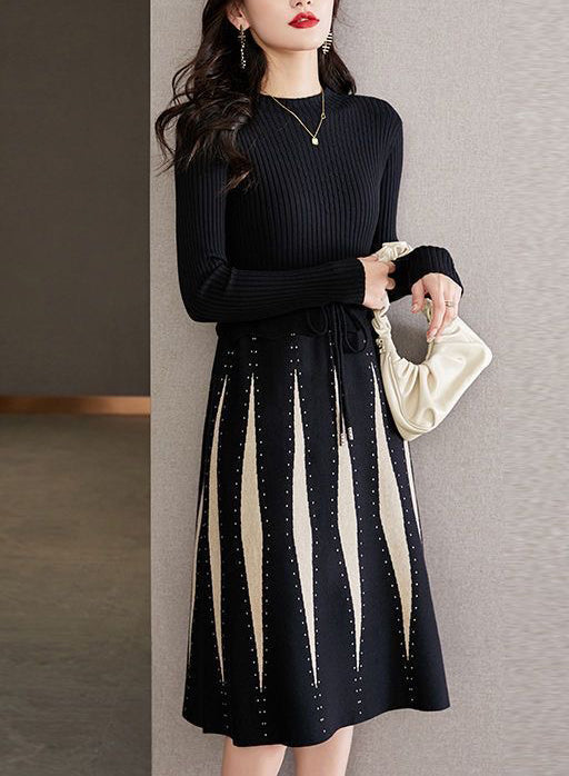 Women Stripe Crew Neck Drawstring Knit Dress