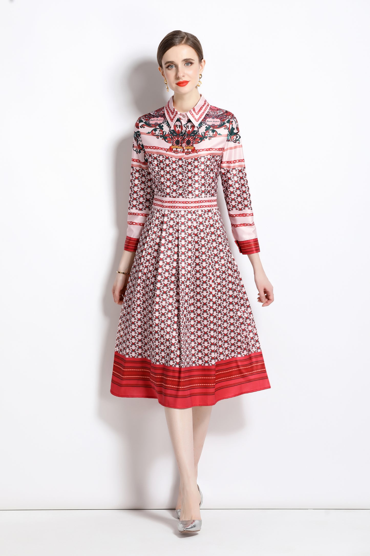 FSY-Women's Floral Print Button A-line Flowy Midi Dress