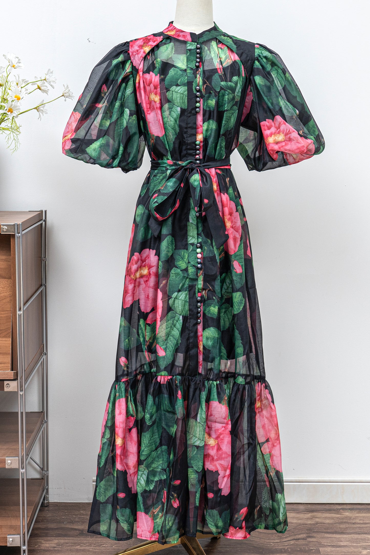 Women's Floral Print Puff Sleeve Fishtail Loose Maxi Dress