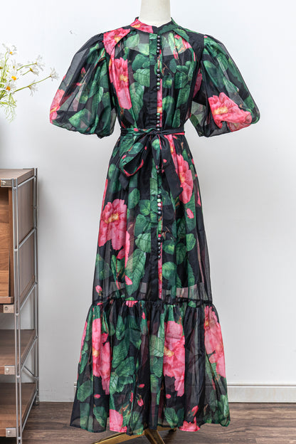 Women's Floral Print Puff Sleeve Fishtail Loose Maxi Dress