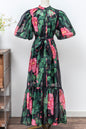 Women's Floral Print Puff Sleeve Fishtail Loose Maxi Dress