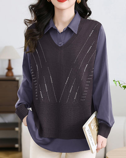 Women's 2-in-1 Layered Knit Vest Top — Shirt Collar with Dotted Trim
