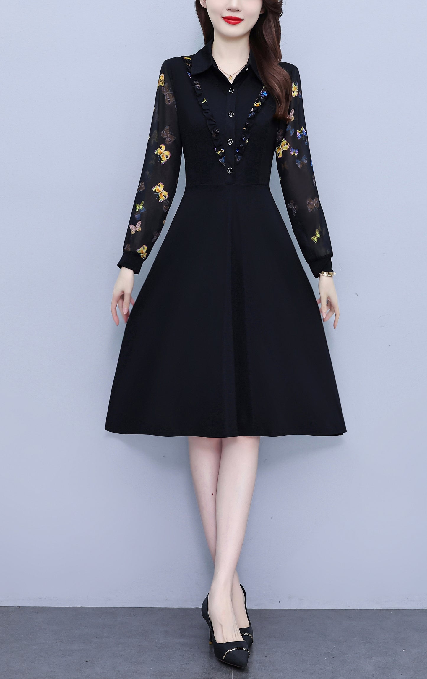 Women's V-Neck Long Sleeve Floral Print Black Dress