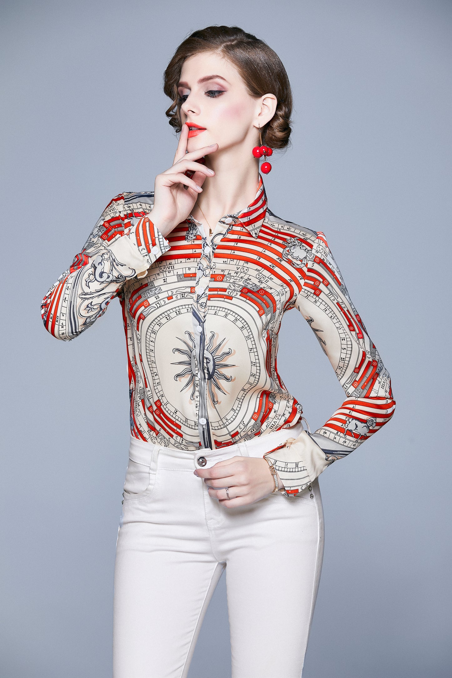 ESY-Women's Shirt Floral Print Long Sleeve Button Top