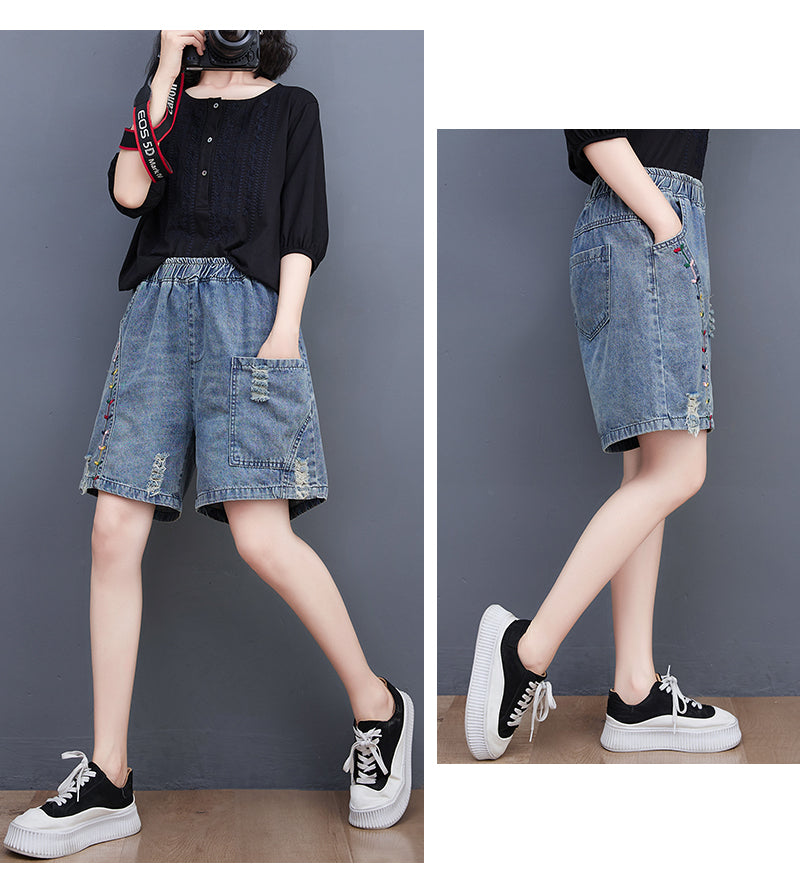 Women's Baggy Pull On Jeans Ripped Denim Shorts - LAI MENG FIVE CATS