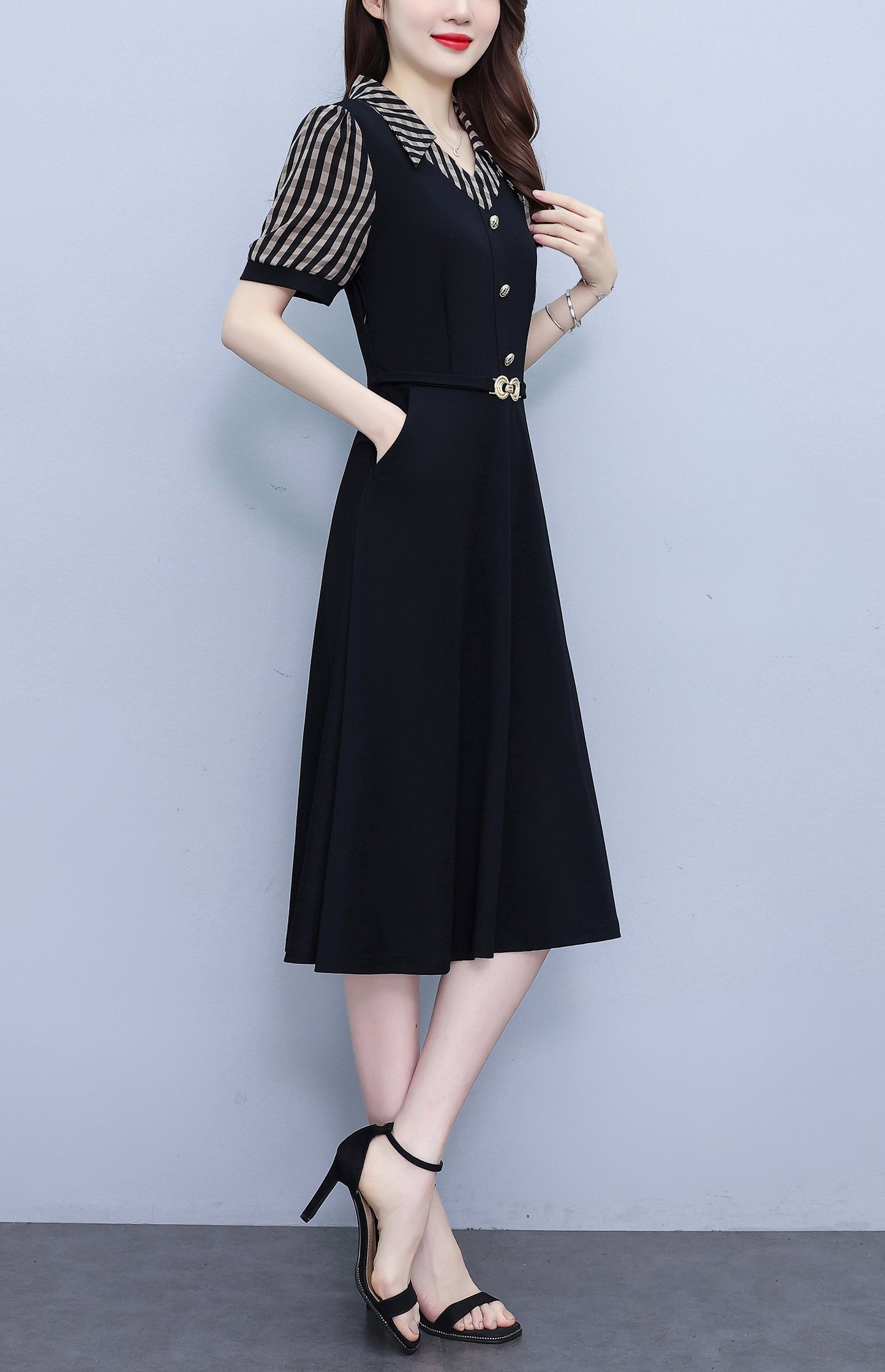 Women's Lapel V-Neck Pocket Short Sleeve Midi Dress - LAI MENG FIVE CATS
