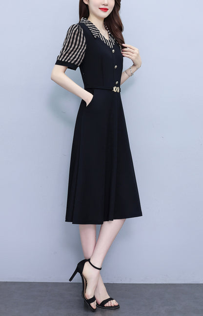 Women's Lapel V-Neck Pocket Short Sleeve Midi Dress - LAI MENG FIVE CATS