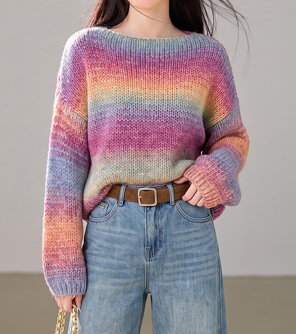 28727 Loose fit Pastel Gradient Chunky Knit Sweater for Women