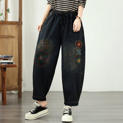 Boho Loose Fit Embroidered Baggy Jeans with Floral Details