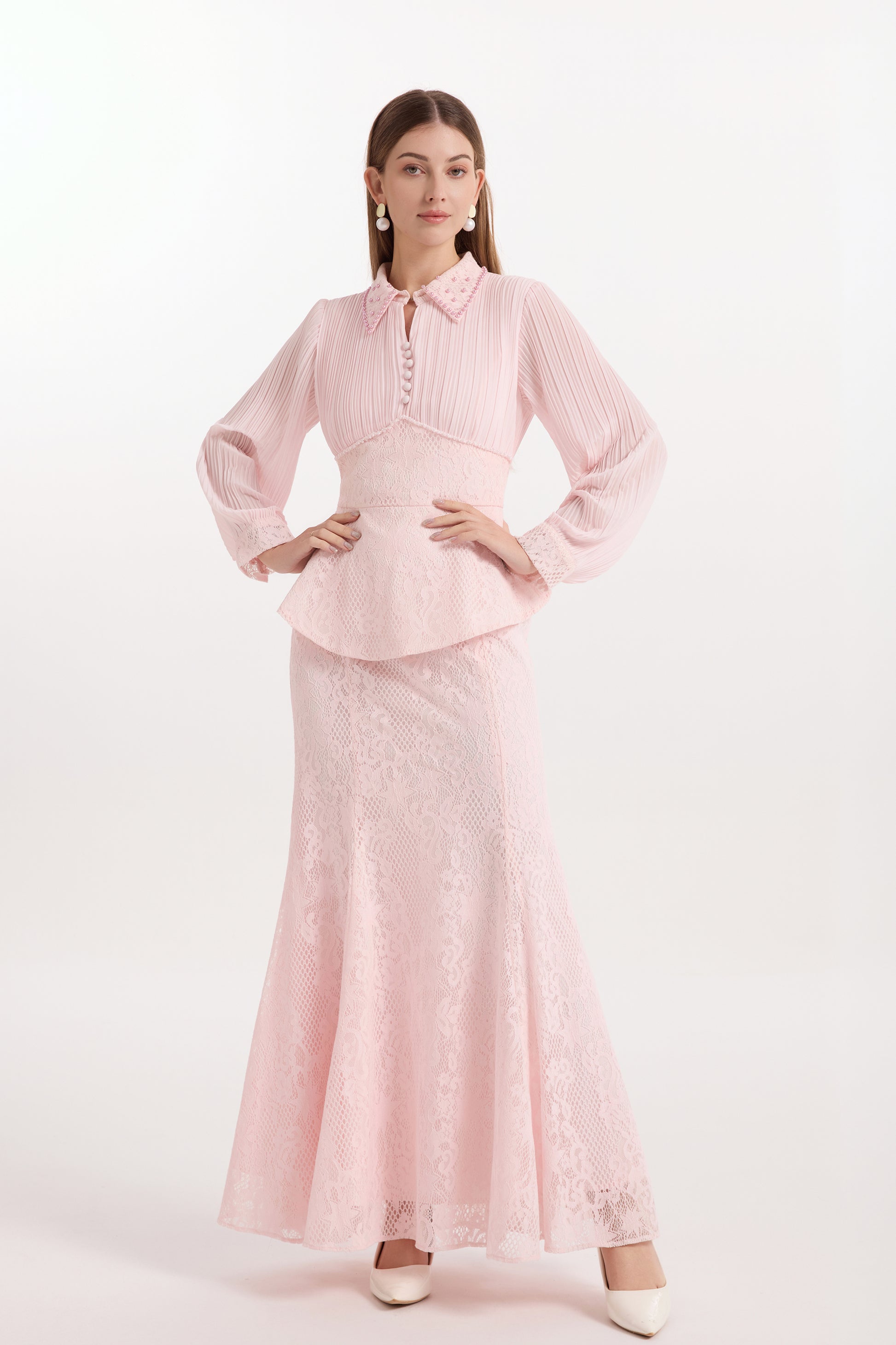 Lace Pearl Top Fishtail Skirt Two-Piece Lace Maxi Set - LAI MENG FIVE CATS