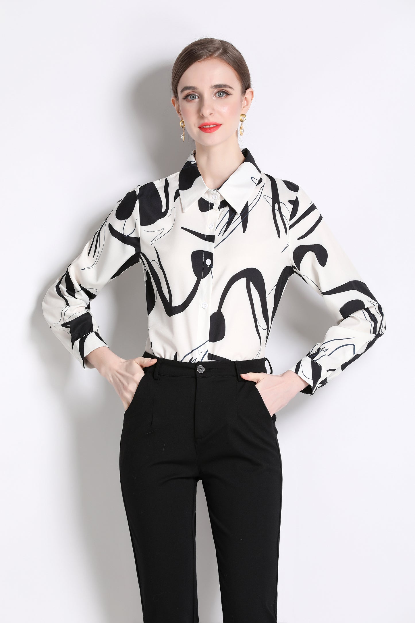 ESY-Women's Long Sleeve Lapel Collar Print Button Blouse