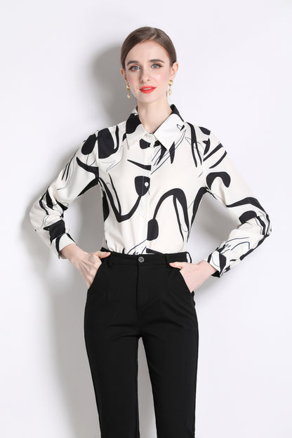 ESY-Women's Long Sleeve Lapel Collar Print Button Blouse