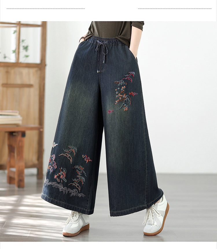 Women's Baggy Wide Leg Jeans Embroidery Pants