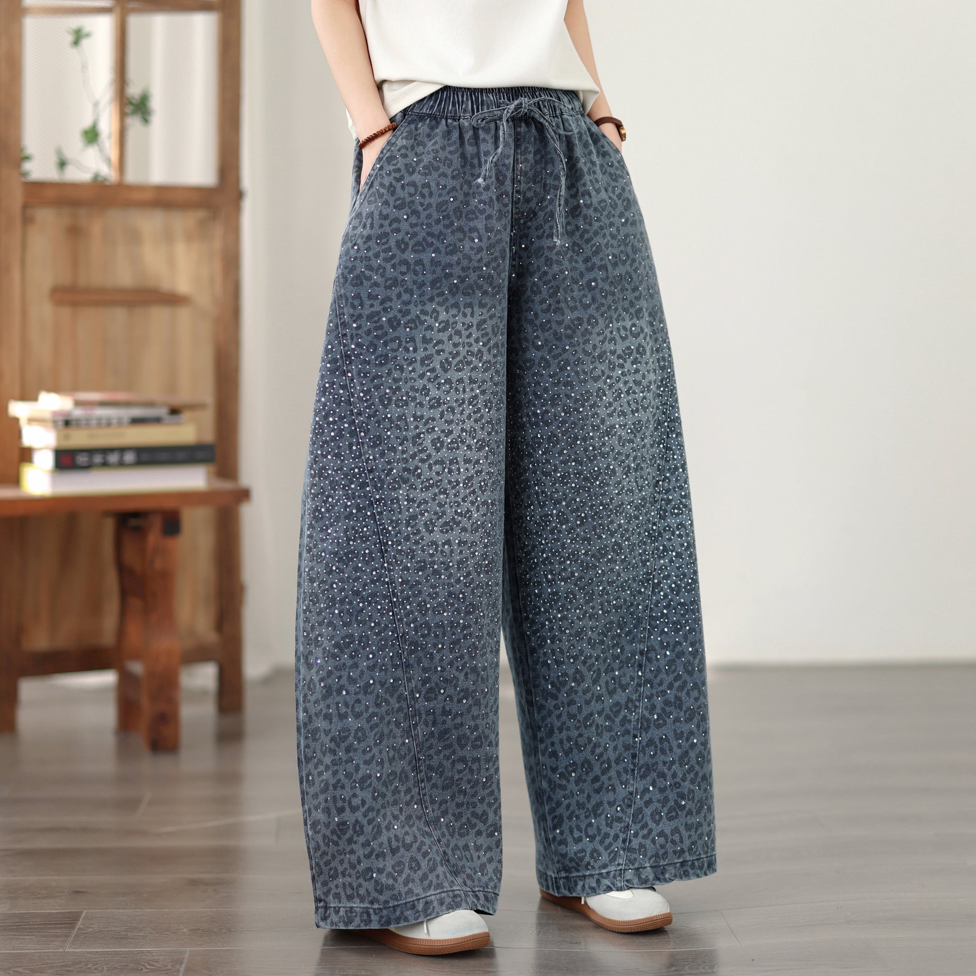 26-Women's Baggy Jeans Elastic Waist Loose Denim Pants - LAI MENG FIVE CATS