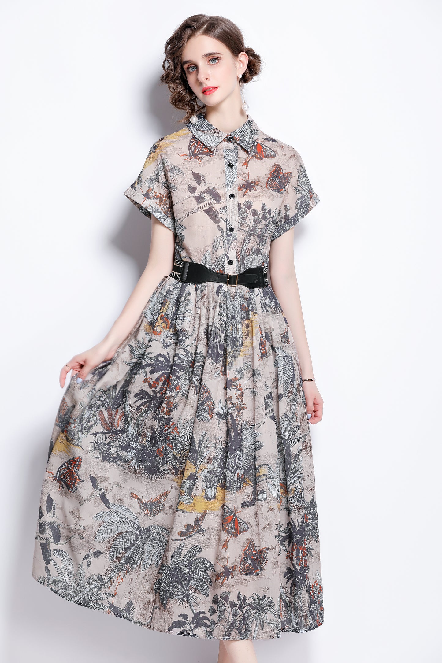 Women's Short Sleeves Print Pocket Button Midi Dress