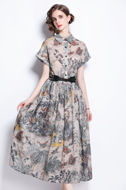 Women's Short Sleeves Print Pocket Button Midi Dress