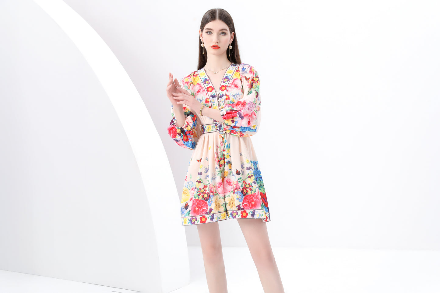 Women's V-Neck Floral Print Lantern Sleeve Mini Dress