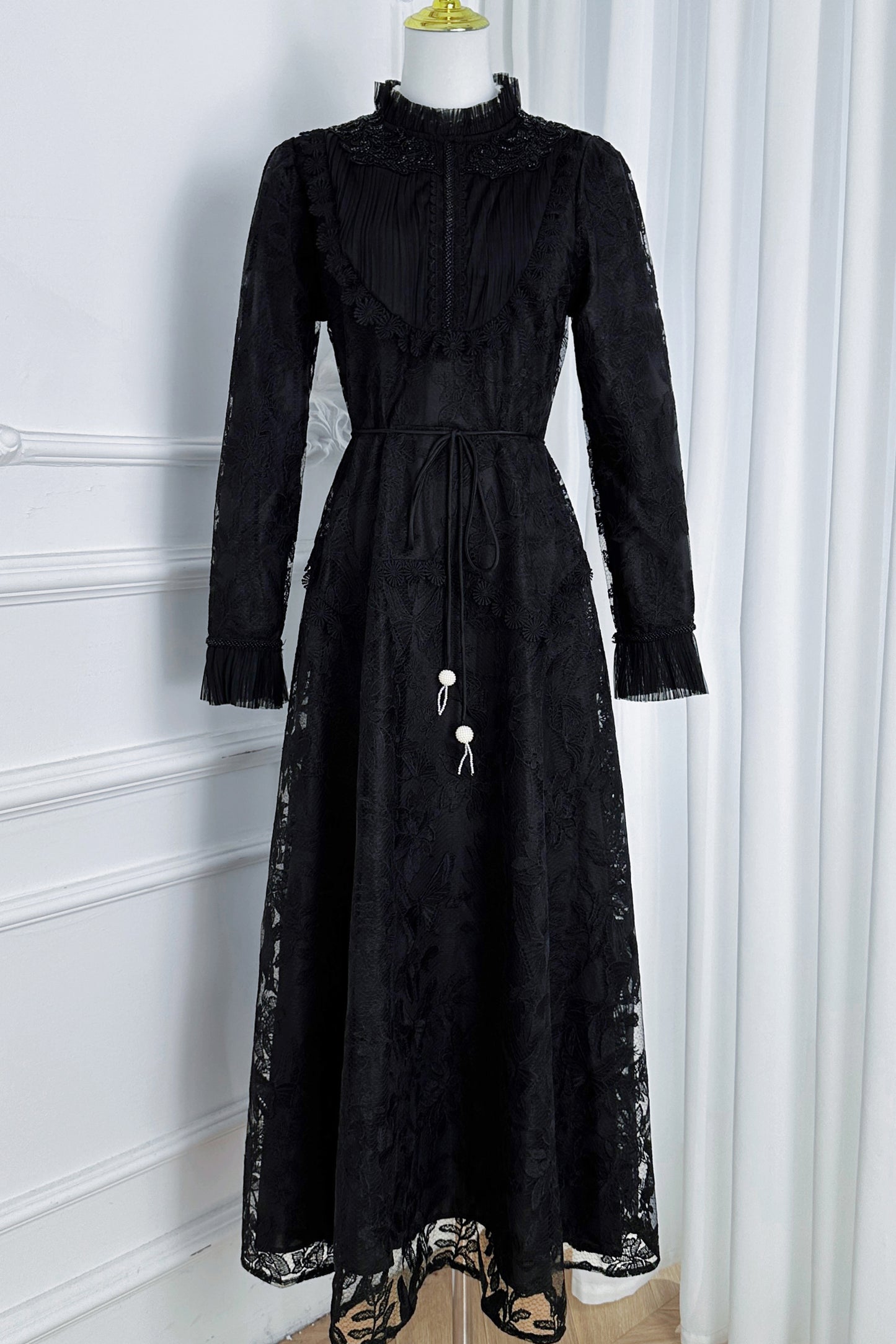 Elegant Embroidered Mesh Bead Trim Maxi Dress