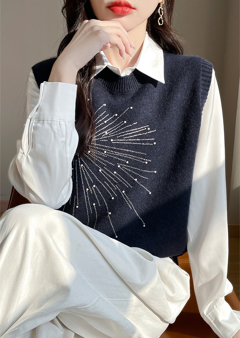 Women's 2 in 1 Round Neck Soft Sweater Top Chic Layering Office Casual