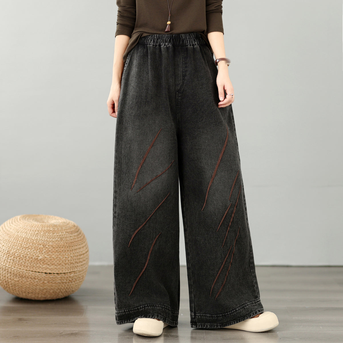 28668-Vintage Denim Wide-Leg Pants with Embroidery &Elastic Waist