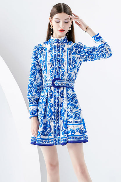 Women's Pattern Button Long Sleeve Casual A-line Mini Dress