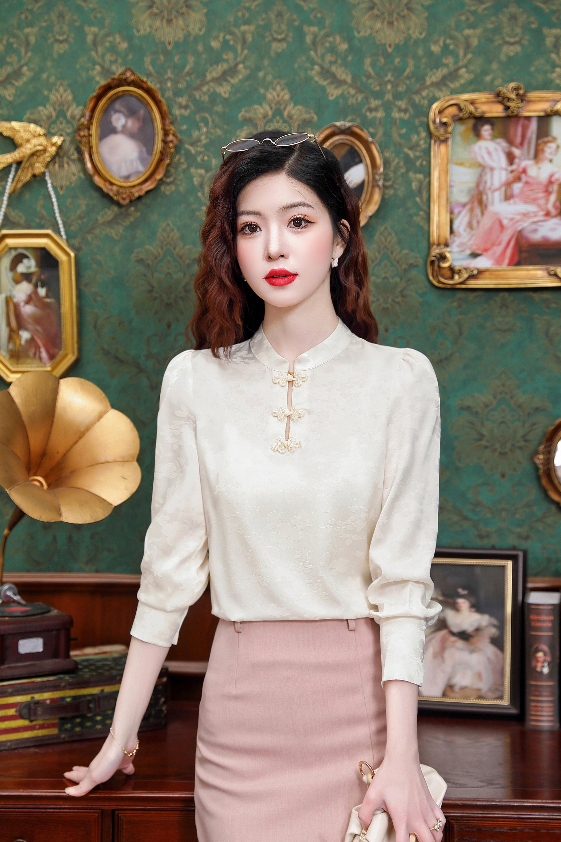 Women's Silk Satin Mandarin Collar Long Sleeve Blouse Top - LAI MENG FIVE CATS