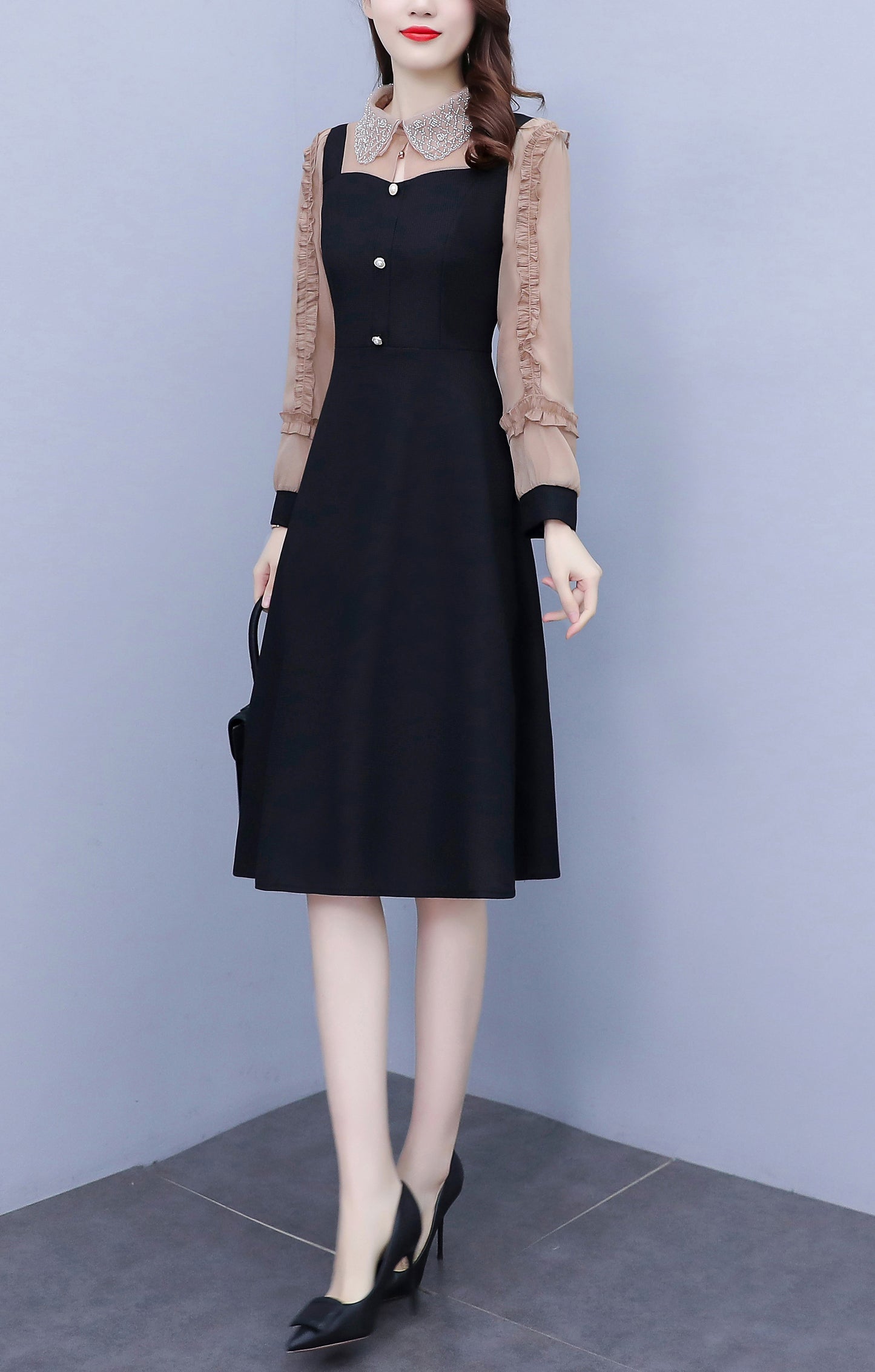 Women's Peter Pan Collar Long Sleeve Black Dress with Pocket