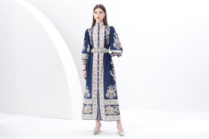 Women's Printed High-neck Puff Sleeves Maxi Dress