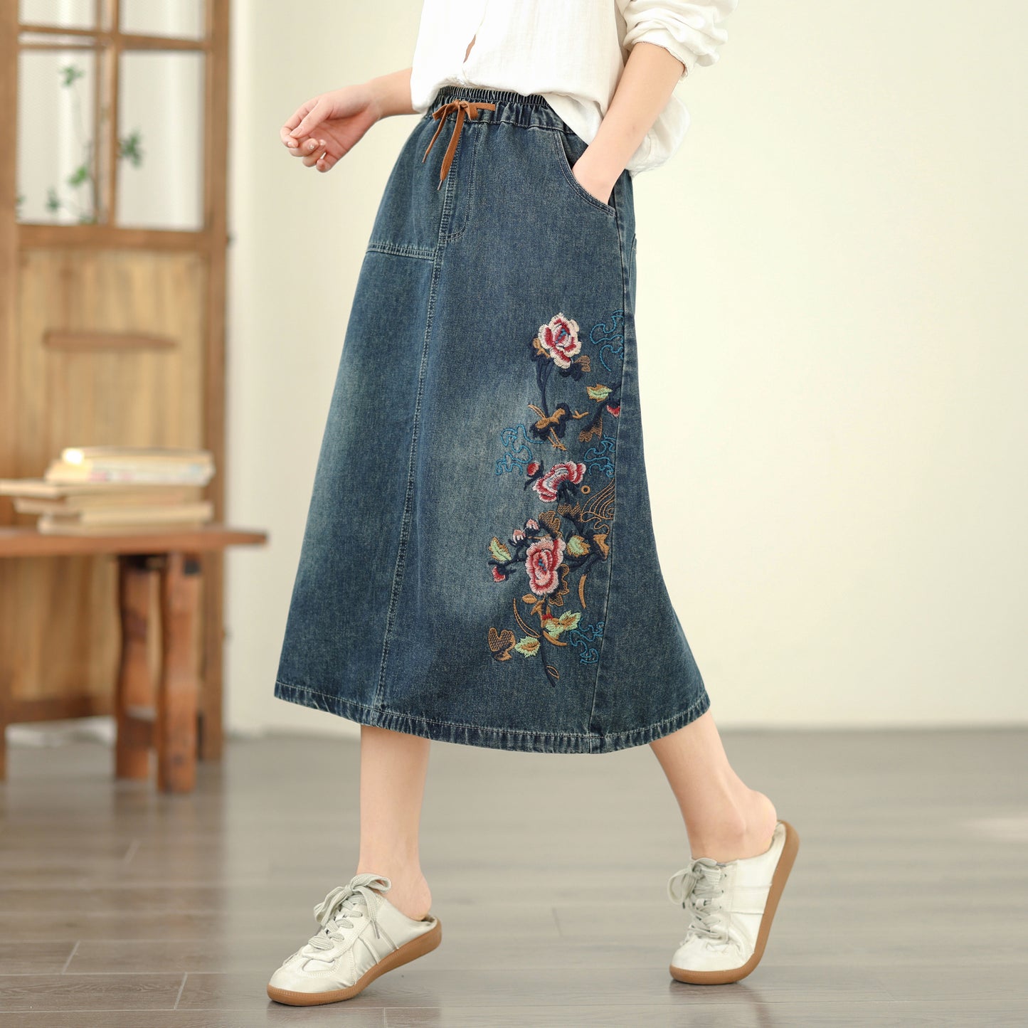 Women's Denim Drawstring Waist Pockets Jean Skirt