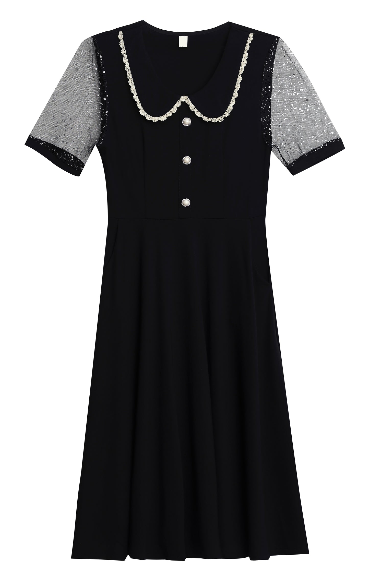 Elegant Mesh Sleeve Midi Dress with Pockets - LAI MENG FIVE CATS