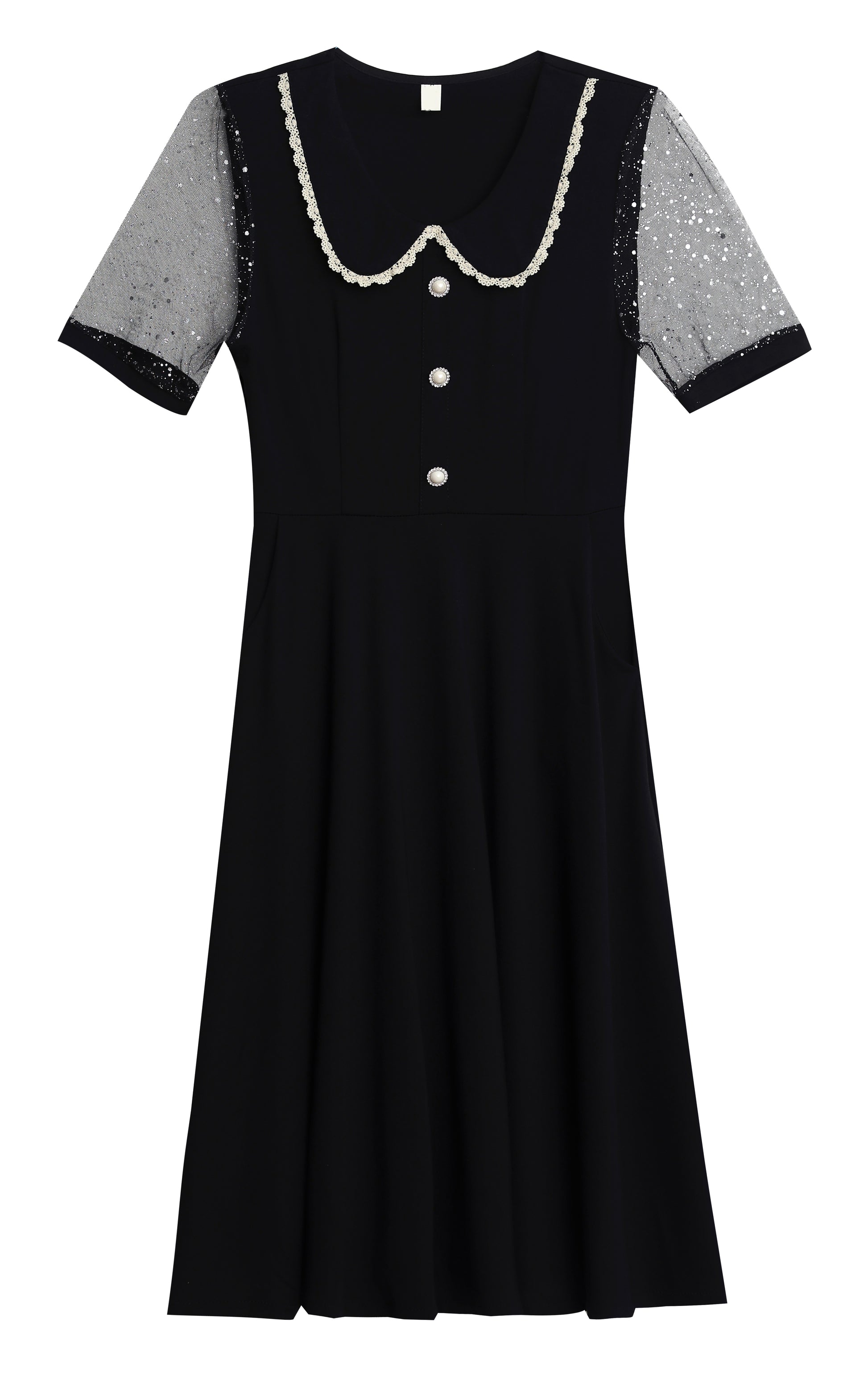 Elegant Mesh Sleeve Midi Dress with Pockets - LAI MENG FIVE CATS