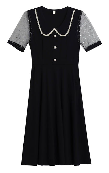 Elegant Mesh Sleeve Midi Dress with Pockets - LAI MENG FIVE CATS