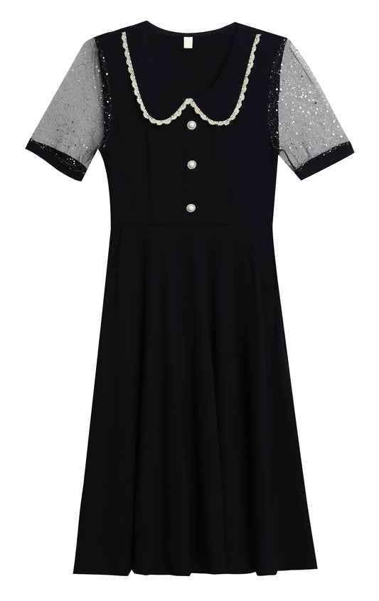 Elegant Mesh Sleeve Midi Dress with Pockets - LAI MENG FIVE CATS