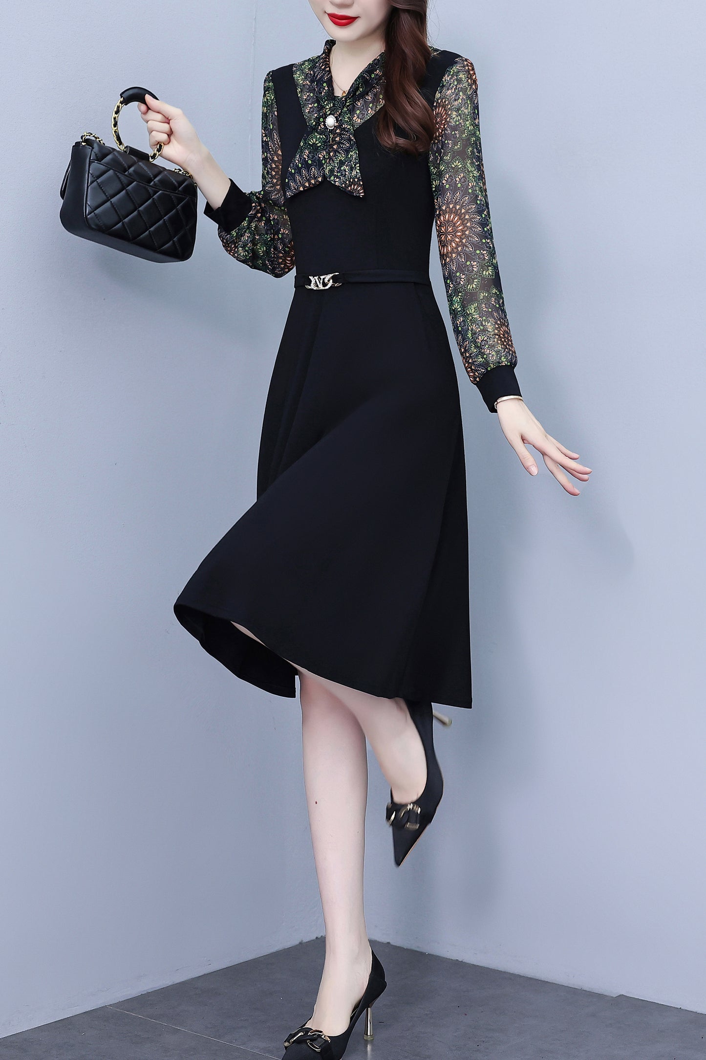 Women's V-Neck Long Sleeve Patchwork Black Dress