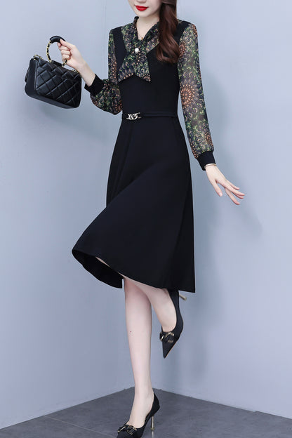 Women's V-Neck Long Sleeve Patchwork Black Dress