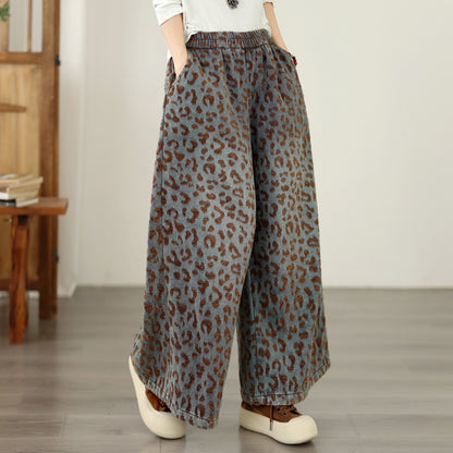 Vintage Leopard Print Denim Wide Leg Pants Casual Loose Jeans